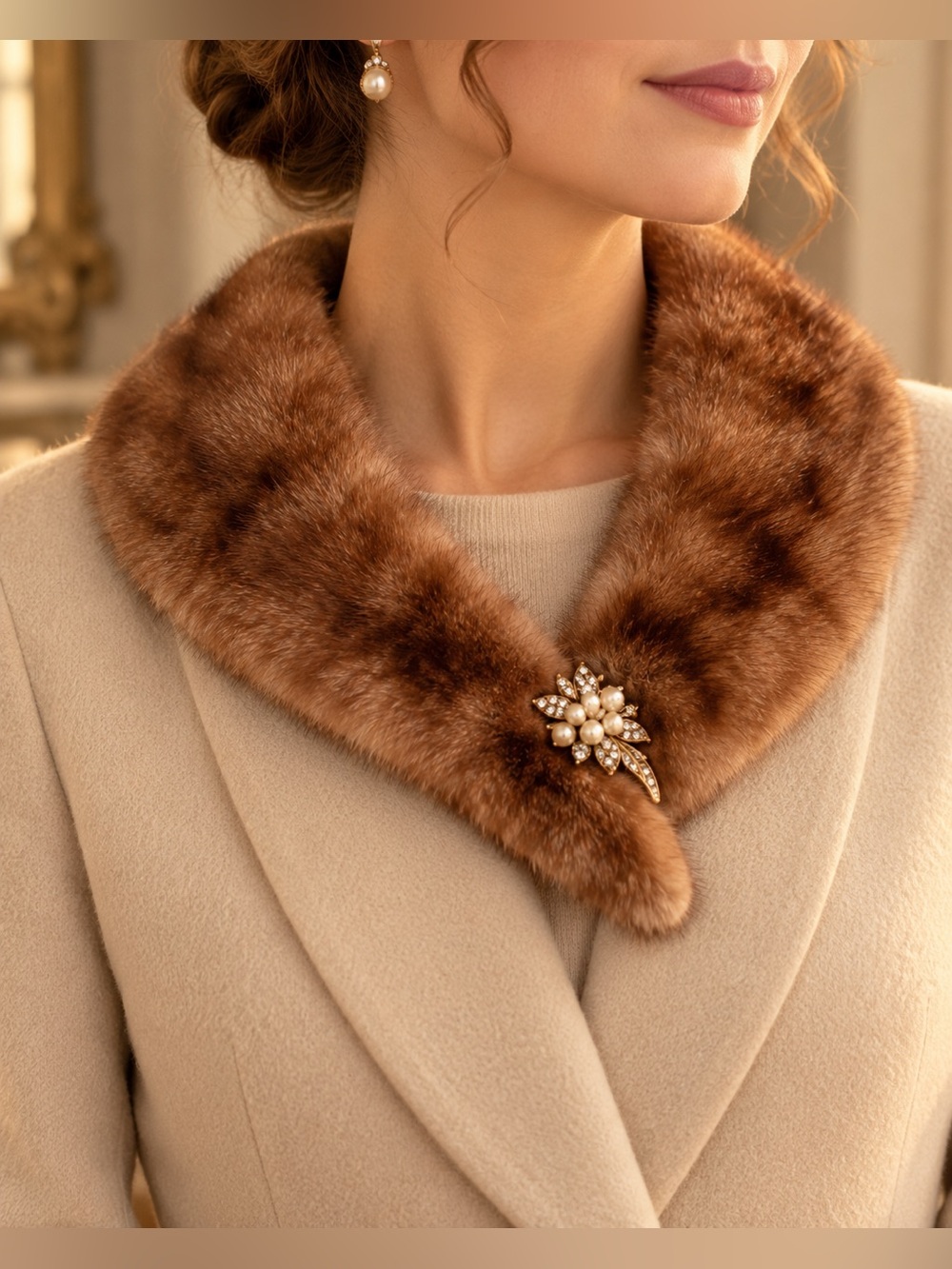 Vintage Genuine Mink Fur Collar Brown Satin Lined Detachable Coat Scarf Wrap